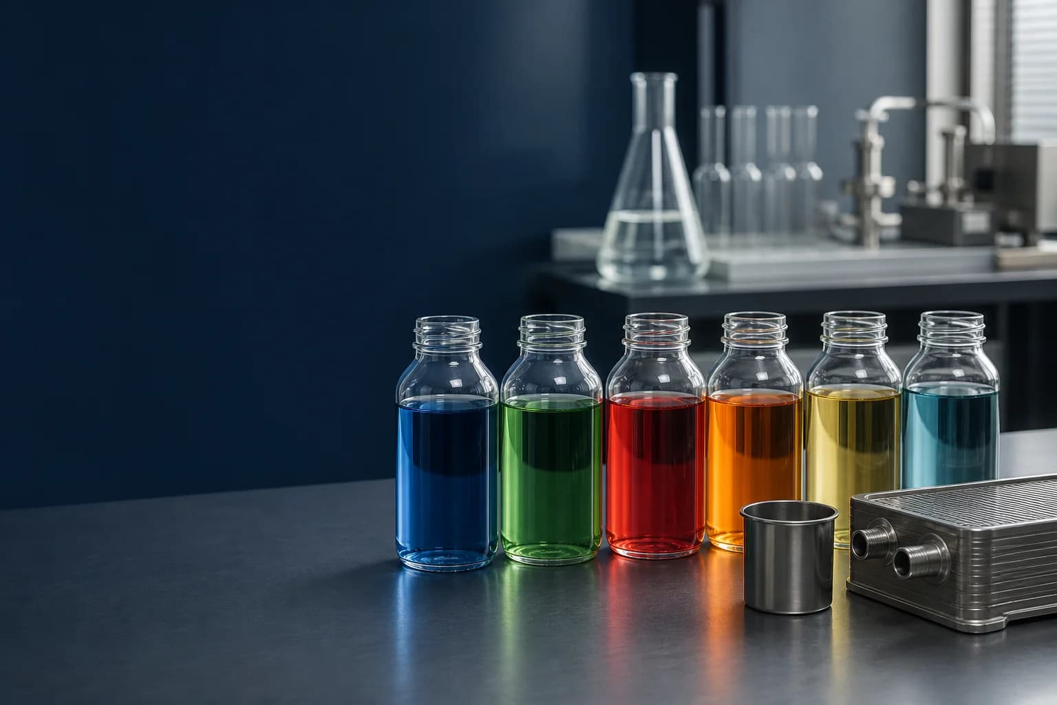 Colour-varied coolant samples beside a compact heat exchanger in a laboratory