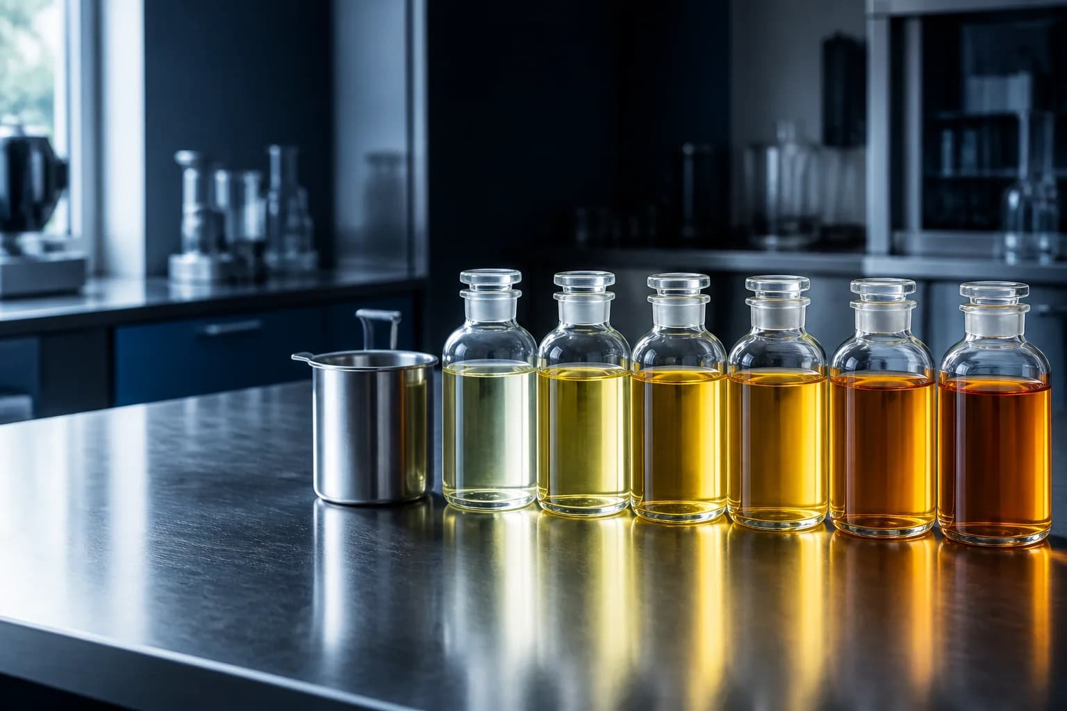 Unlabelled laboratory bottles containing base-oil samples in pale gold and amber tones