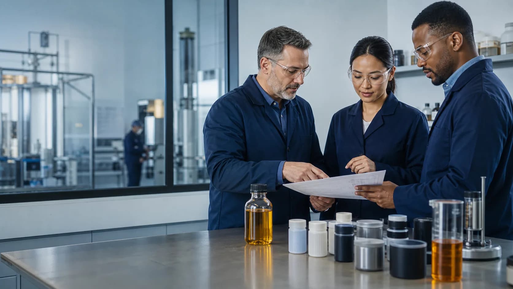 A technical and commercial team reviewing a lubricant requirement and product sample.