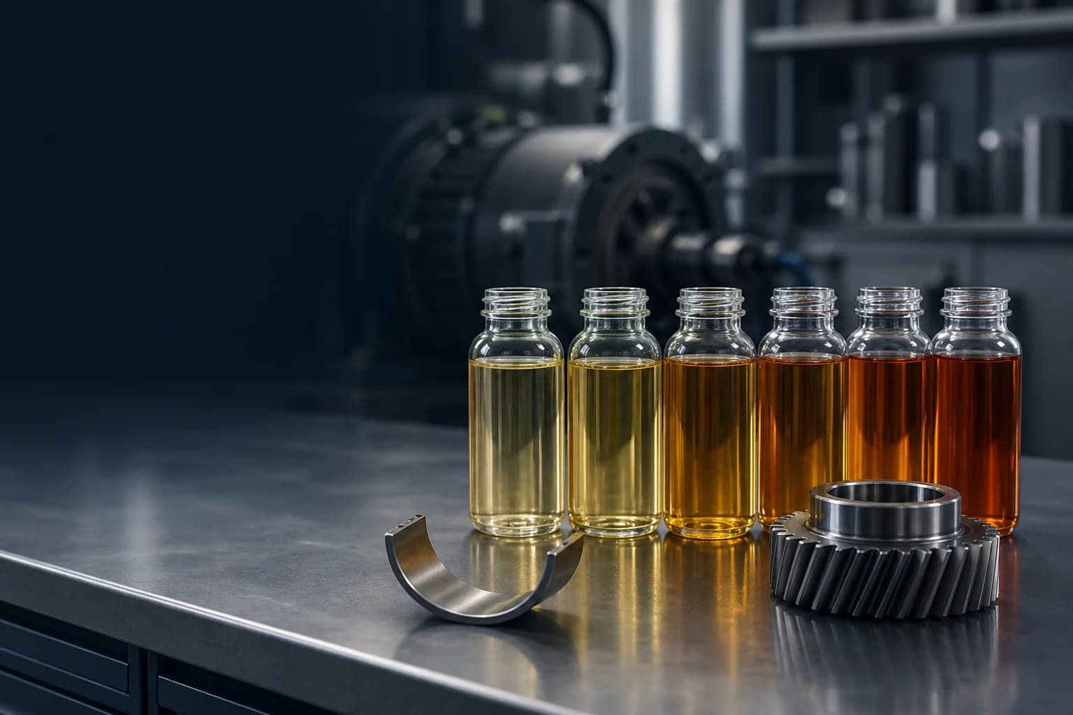 Engine-oil samples beside clean bearing and gear components in a laboratory