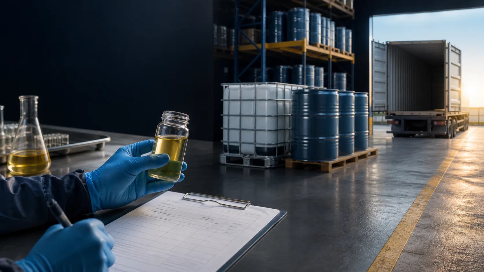 Oil sample review beside packaged lubricants and an export container