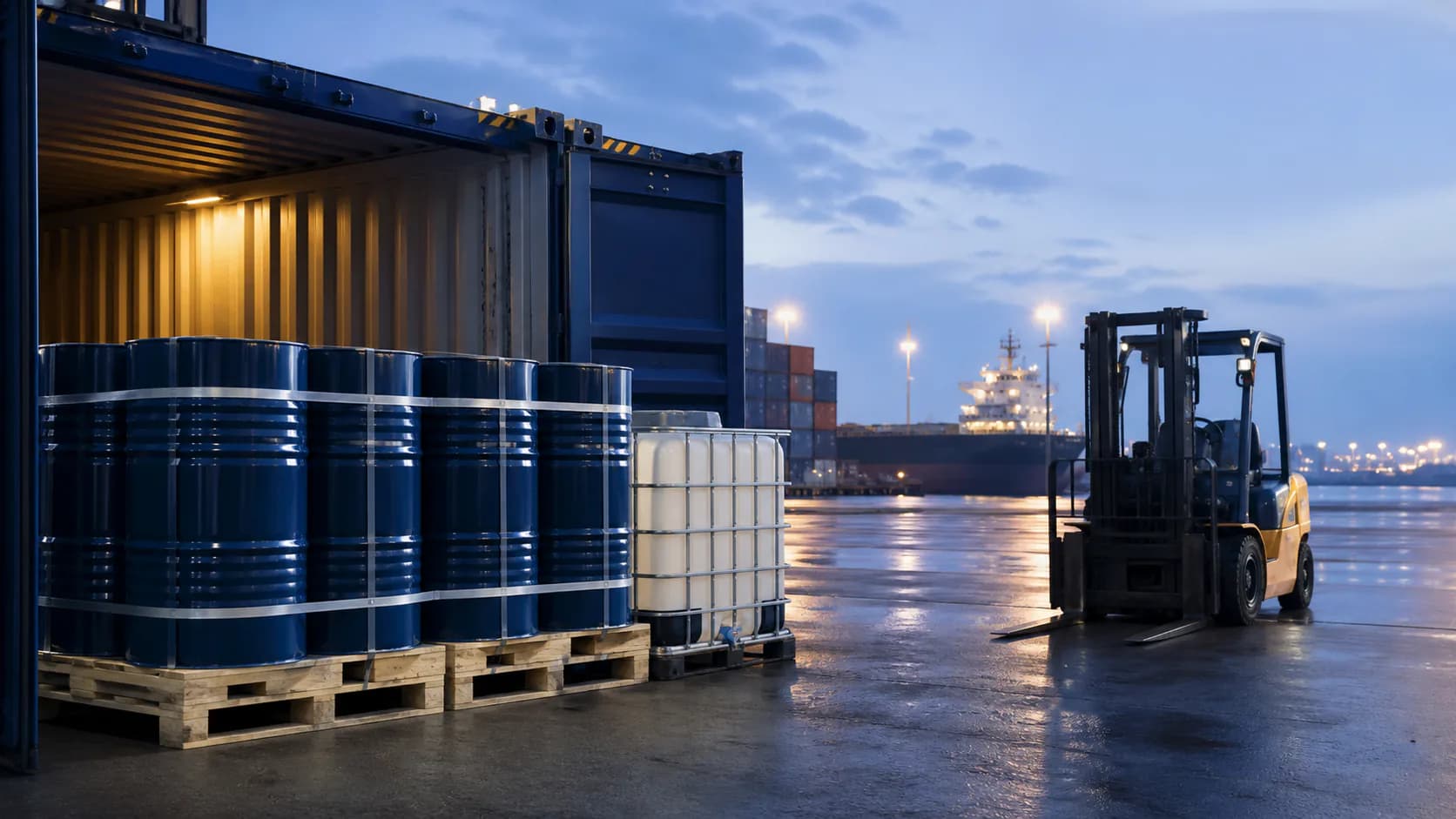 Sealed lubricant drums and an IBC prepared beside a shipping container