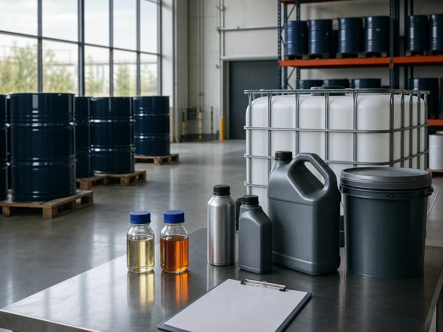 Industrial lubricant samples and packaging formats arranged in a clean warehouse