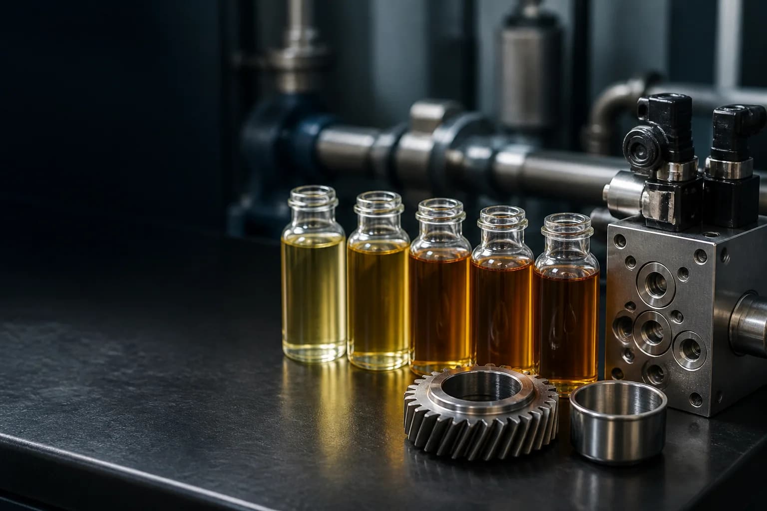 Industrial lubricant samples beside hydraulic and gear components