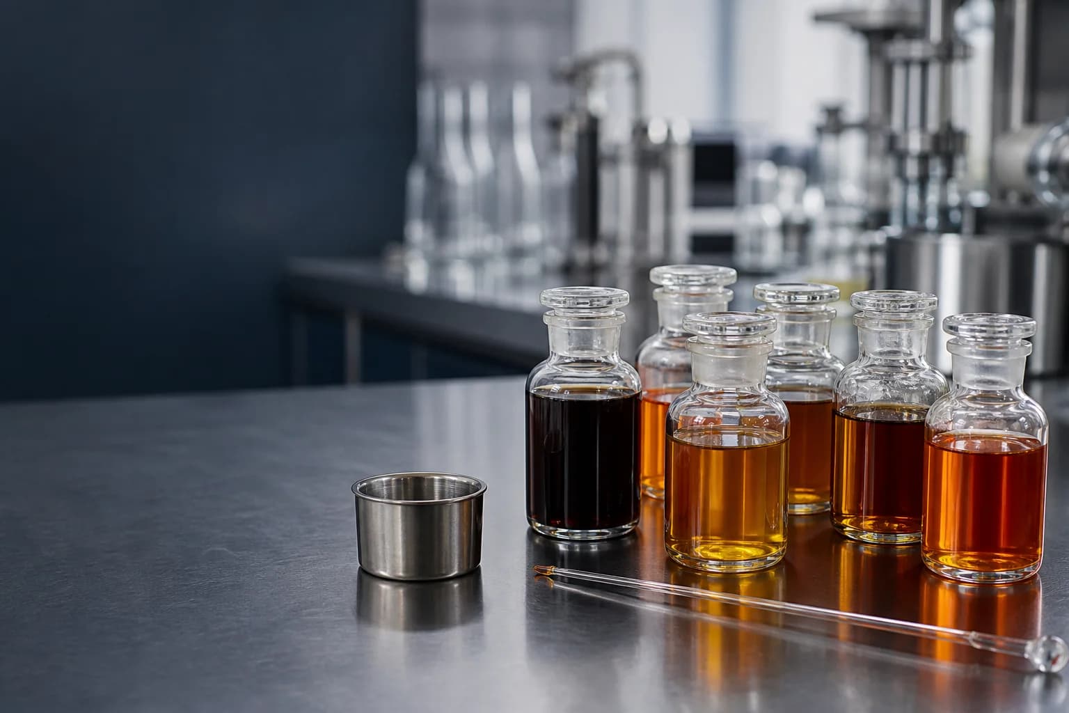 Unlabelled laboratory bottles containing amber lubricant additive samples