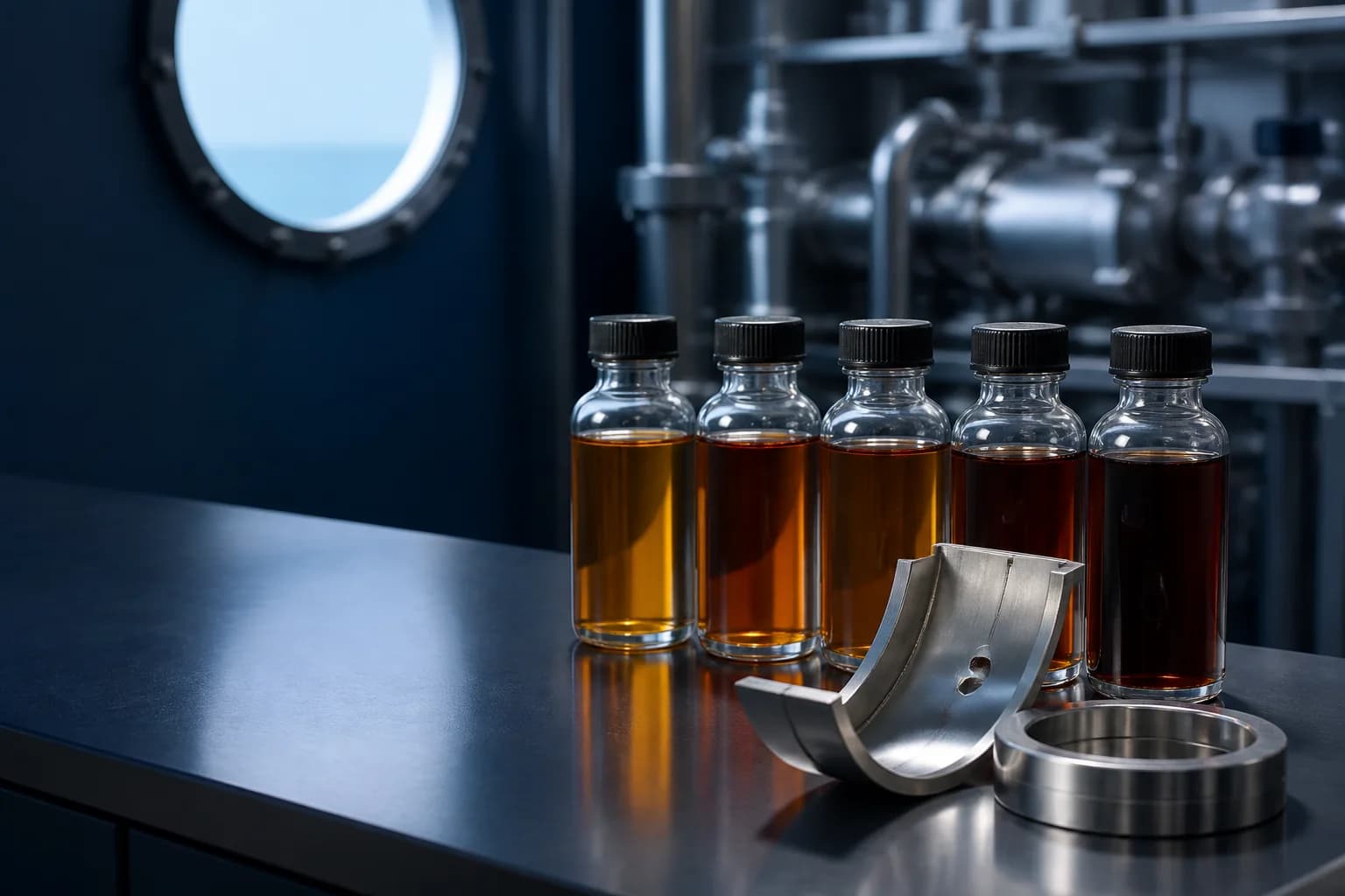 Marine lubricant samples beside clean engine bearing components