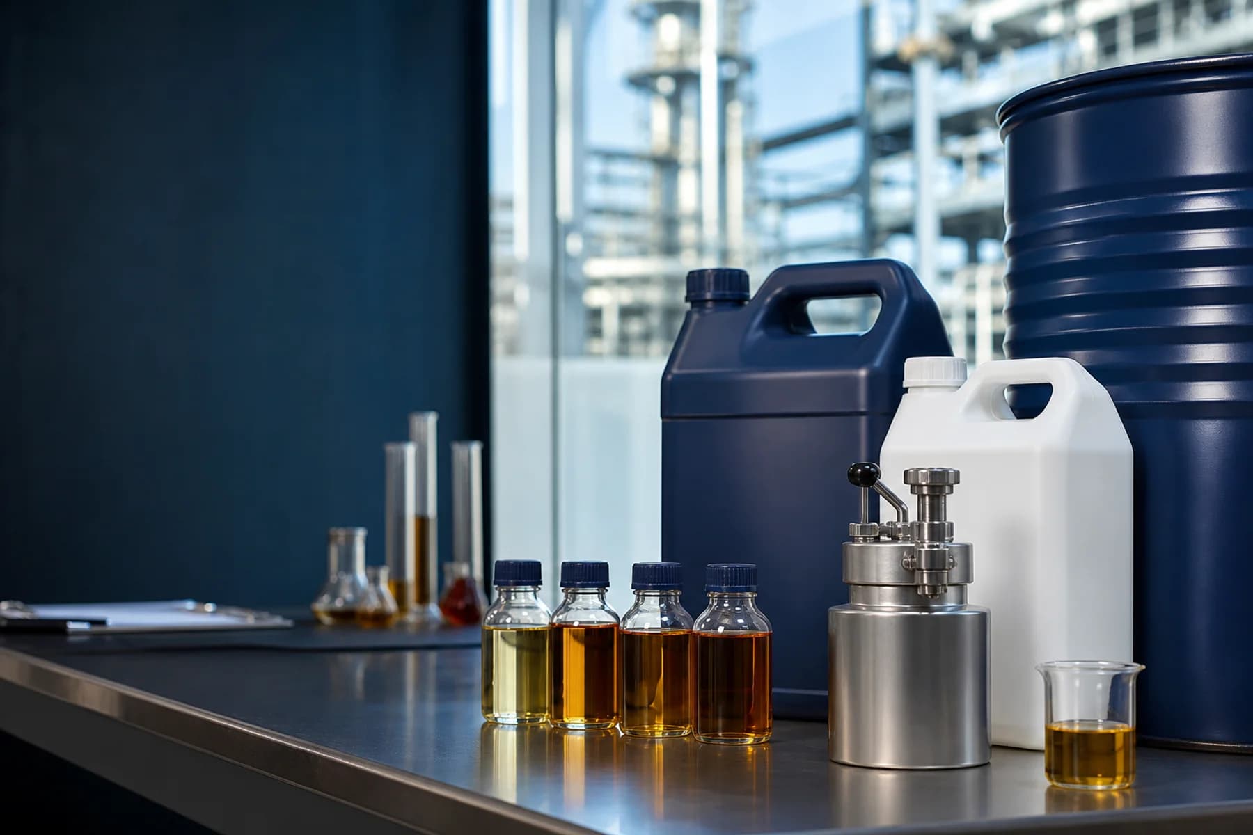 Industrial lubricant containers and oil samples arranged for product review.